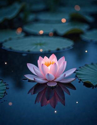 The primary subject of the image is a pink flower floating on top of a body of water, which appears to be a pond. The setting is a serene and peaceful environment, with the flower being the main focus of the scene. The visual style of the image is a photo, capturing the beauty of the flower in its natural habitat. The colors in the image are predominantly pink, creating a warm and inviting atmosphere.